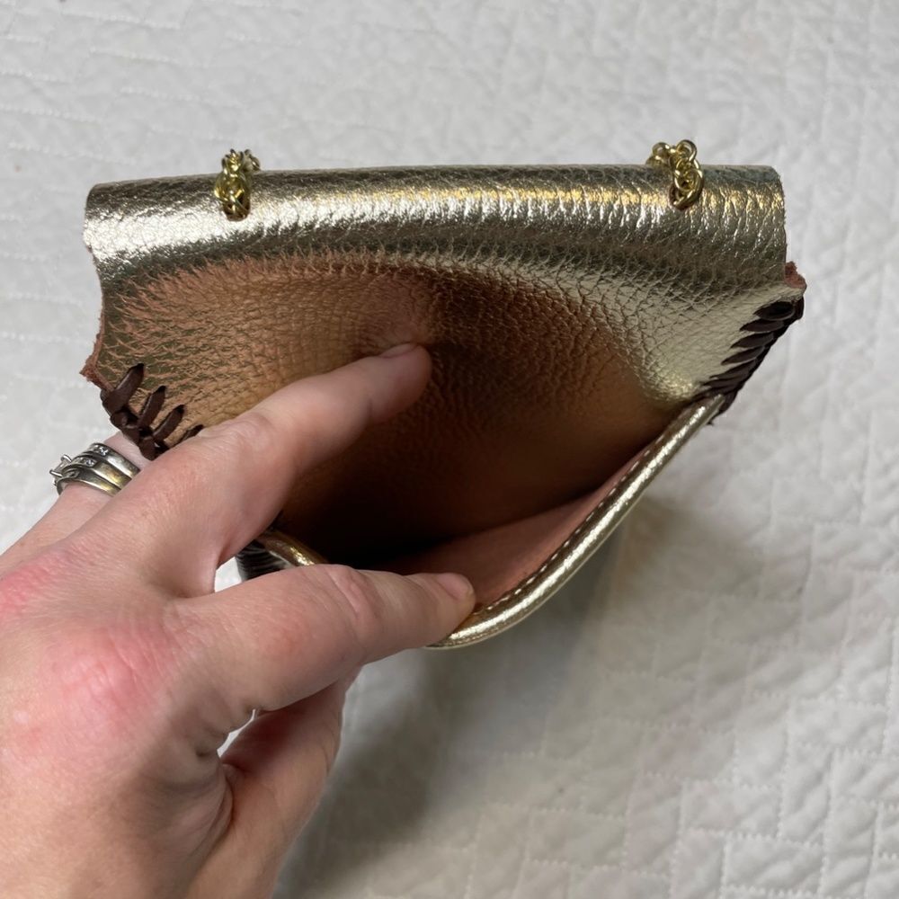 Handmade Custom Gold & Brown Leather Wrap Small Satchel w/ Gold Toned String - Picture 5 of 9